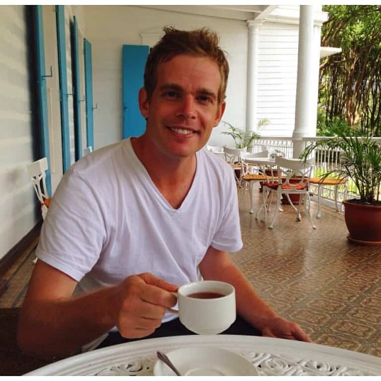 Drinking tea at the Domaines des Aubineaux in Mauritius.