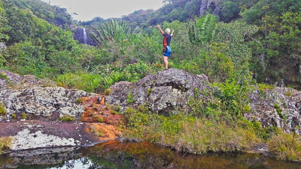 Jump into the water at the 7 Cascades canoeing tour at the Tamarind Falls Reservoir in Mauritius.