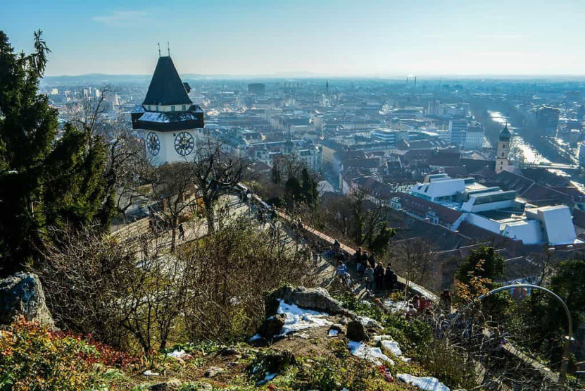 City Views from Schlossberg and onto the Clock Tower of Graz, Austria.